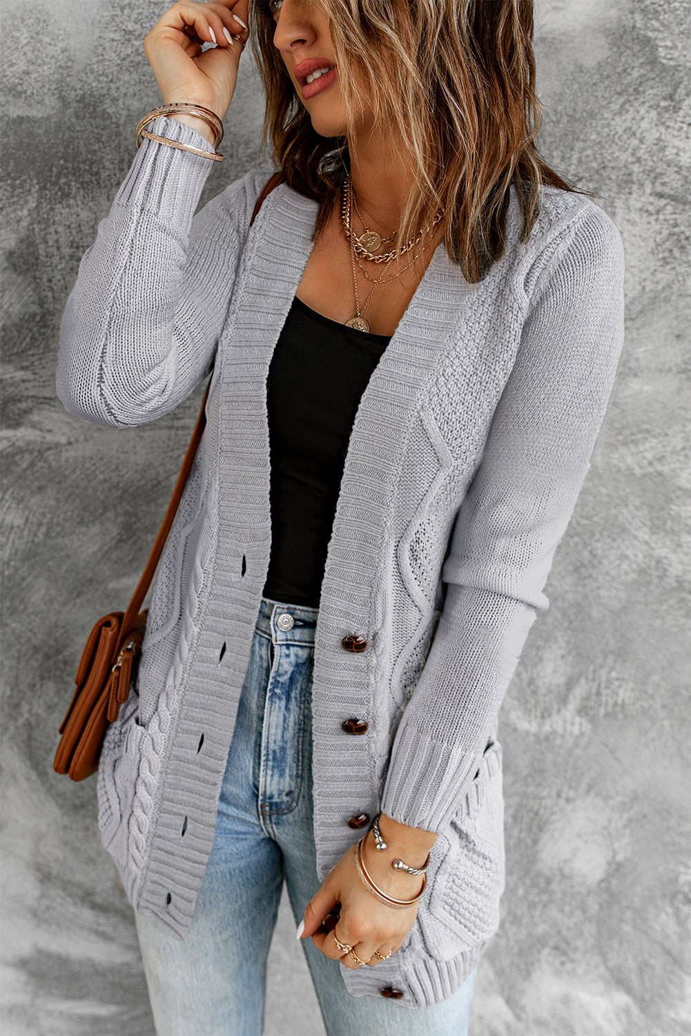 Cable Button Front Pocketed Cardigan