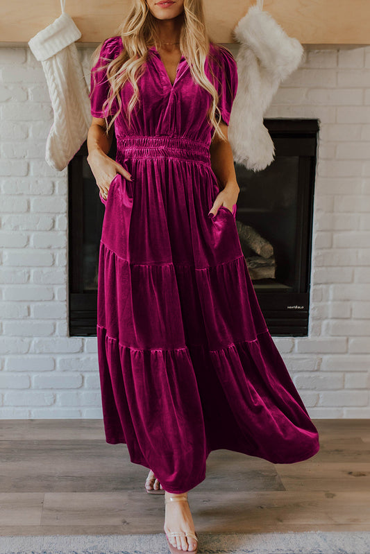 Velvet Shirred Waist Maxi Dress