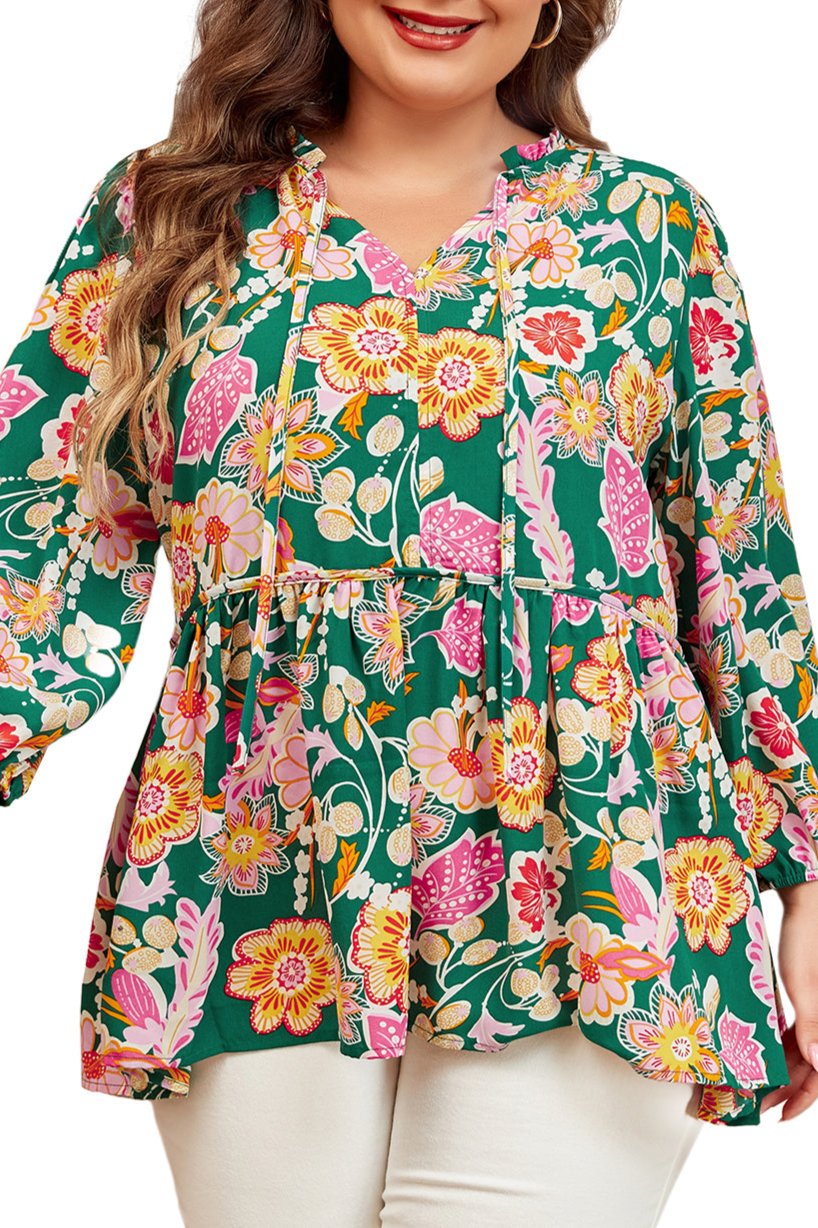 Floral Tied V-Neck 3/4 Sleeve Blouse Plus Size