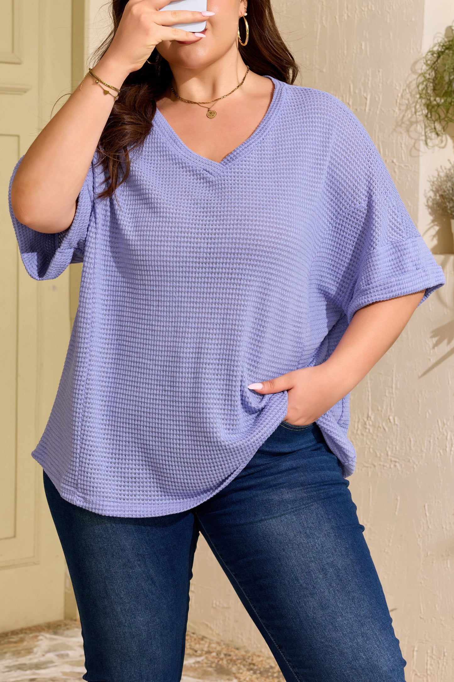 Plus Size Solid Waffle Knit V-Neck Short Sleeve Top