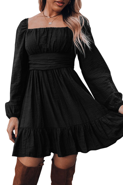 Ruched Square Neck Puff Sleeve Dress