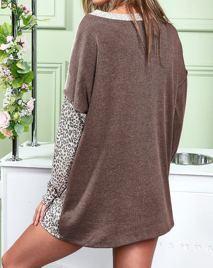 Leopard Waffle Patchwork Ribbed Top