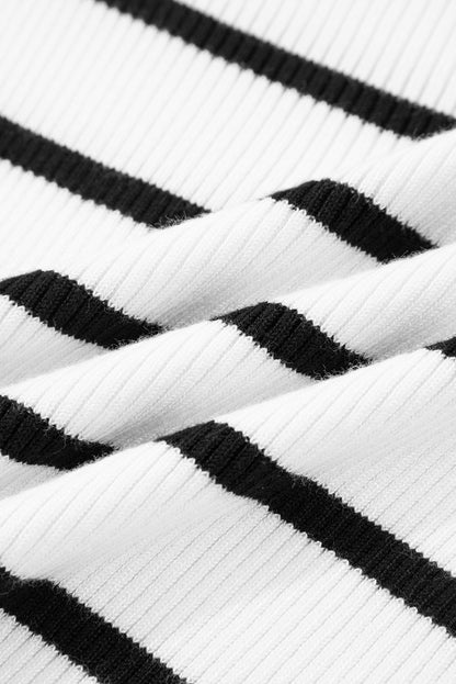 Stripe Scalloped Scoop Neck Ribbed Knit Sweater