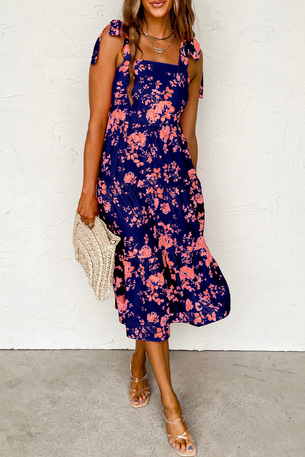 Floral Knotted Straps Tiered Midi Dress