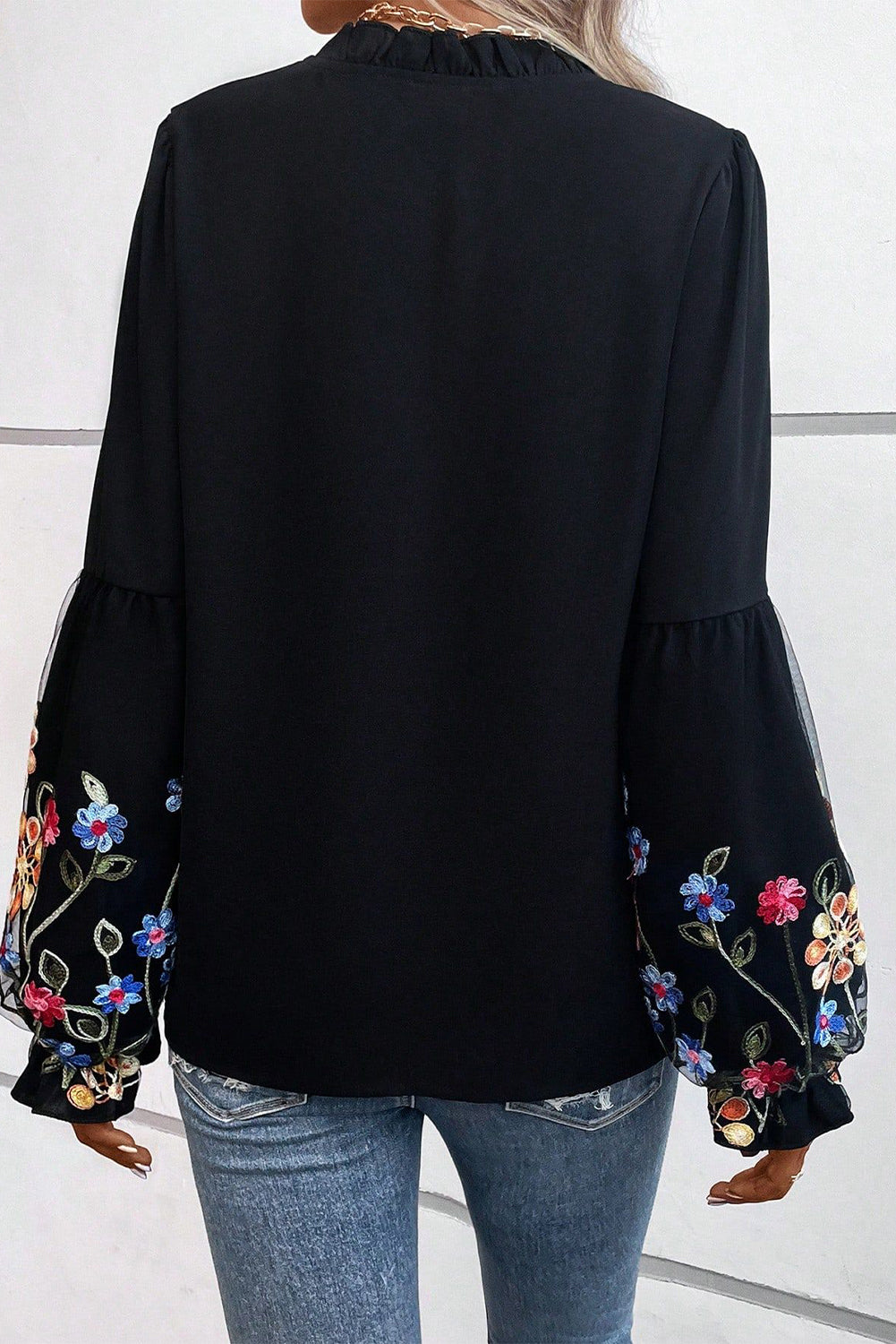 Floral Embroidered Flounce Sleeve Blouse