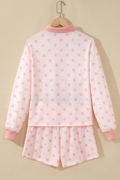 Polka Dot Polo Pullover & Elastic Waist Shorts Set