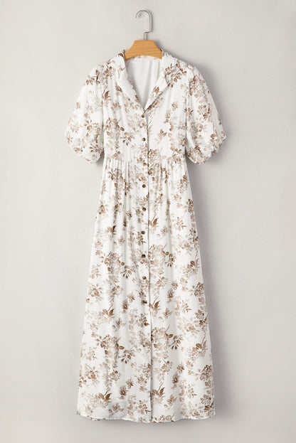 Floral Puff Sleeve V-Neck Buttoned Front Dress