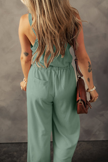 Waffle Button Front Pocketed Jumpsuit