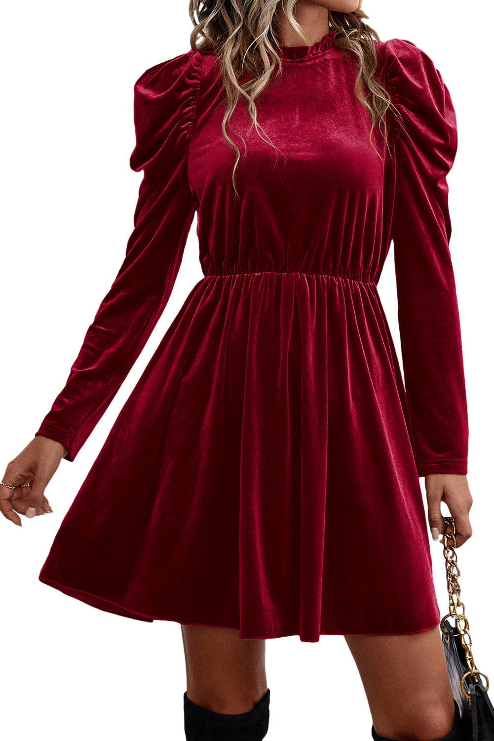 Velvet Ruched Puff Sleeve Dress