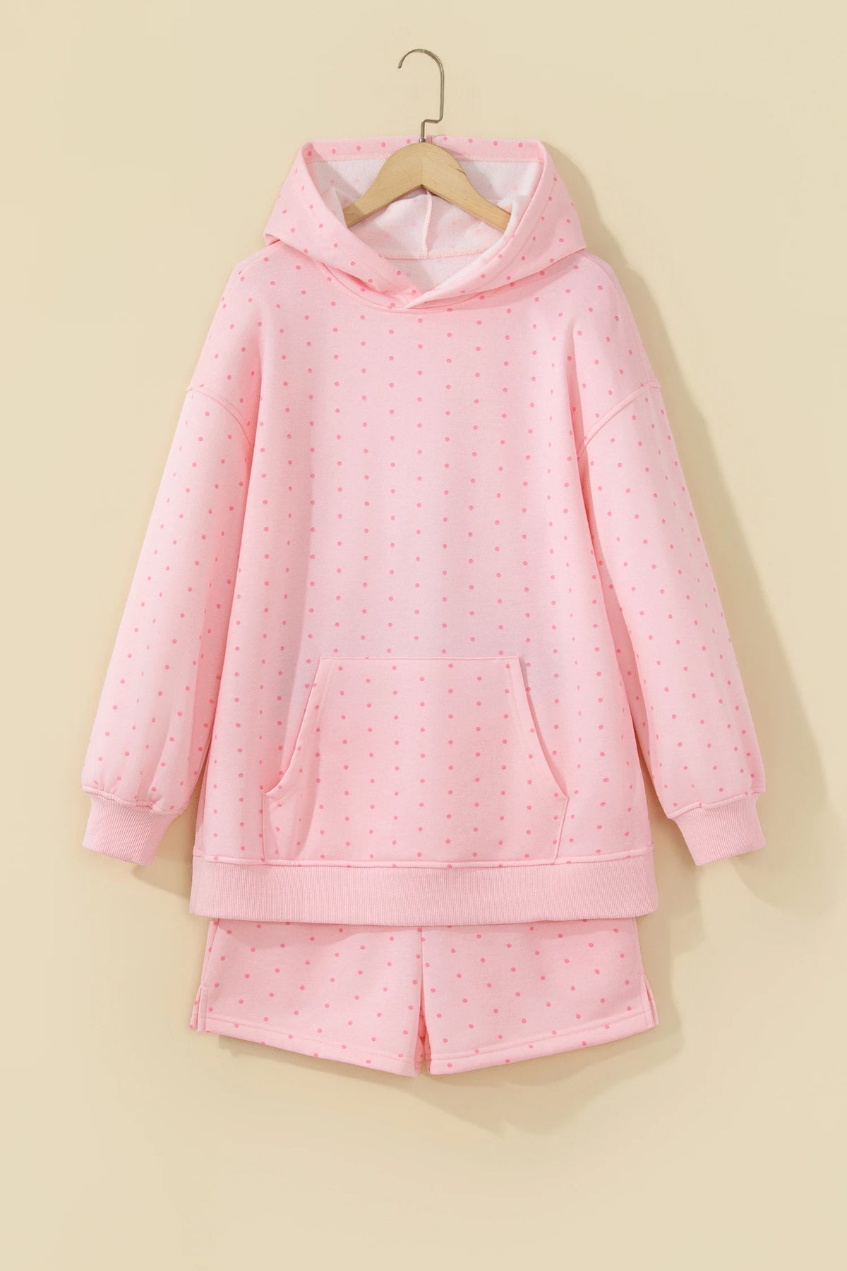 Polka Dot Kangaroo Pocket Hoodie & Shorts Set
