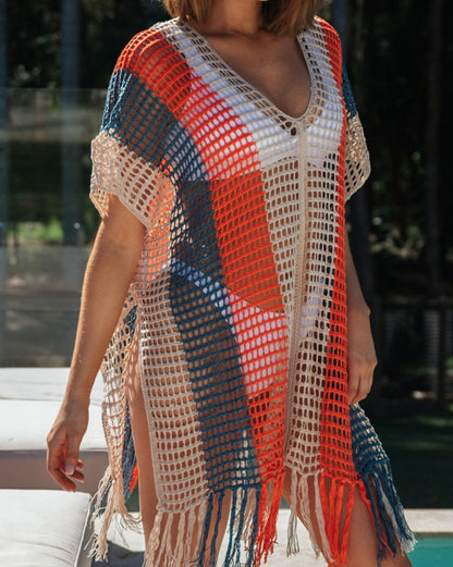 Stripe Crochet Tasseled Beach Cover Up