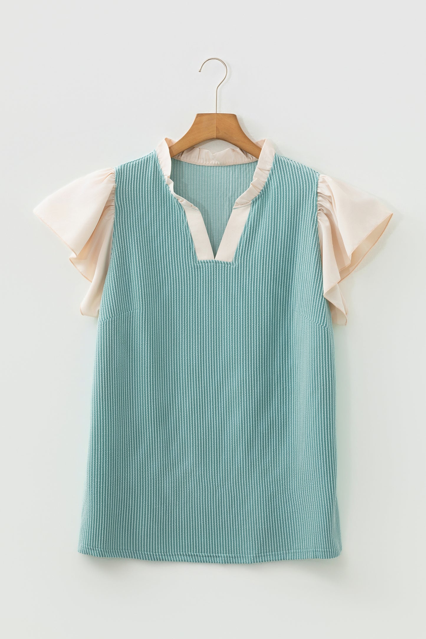 Plus Size Colorblock Corded Knit Ruffle Sleeve Blouse