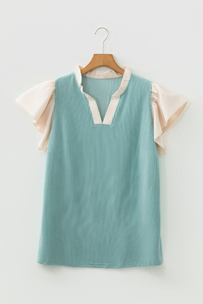 Plus Size Colorblock Corded Knit Ruffle Sleeve Blouse