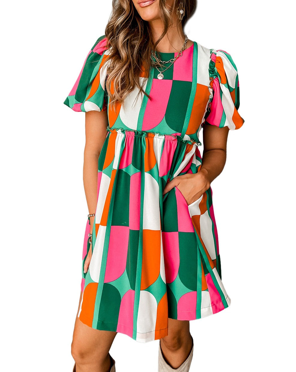 Abstract Puff Sleeve Dress