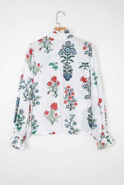 Floral Frilled V-Neck Long Sleeve Buttoned Shirt