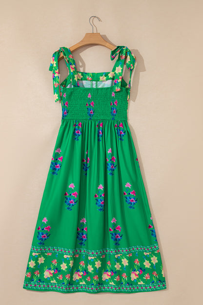 Floral Contrast Trim Knotted Straps Midi Dress