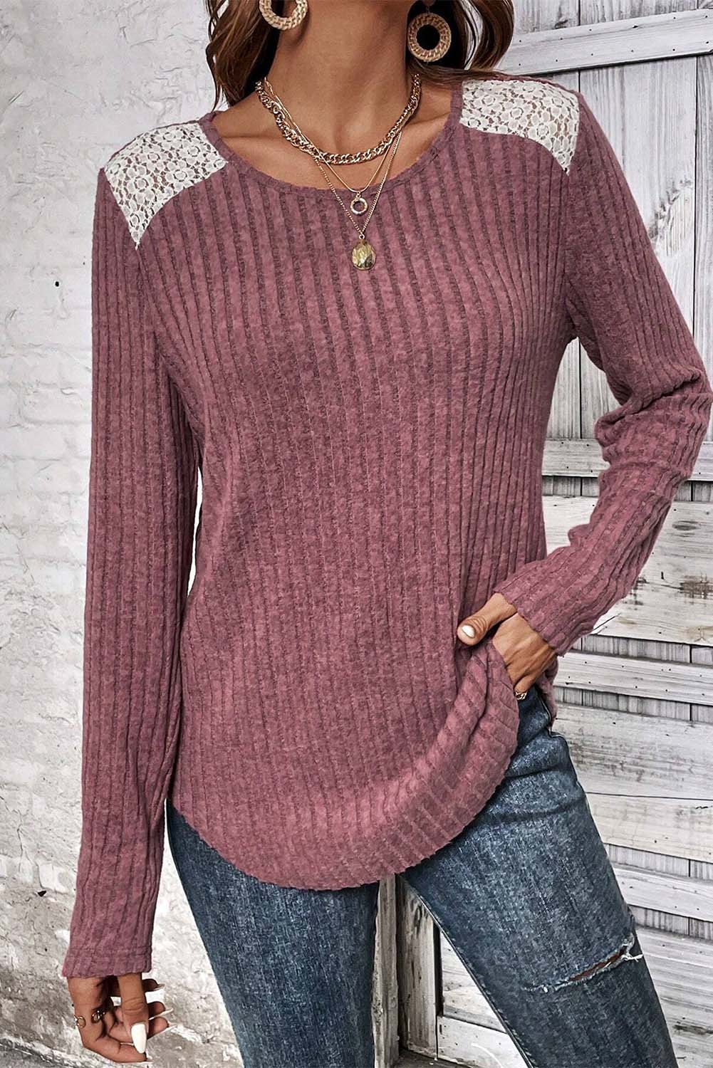 Ribbed Lace Shoulder Patch Sweater