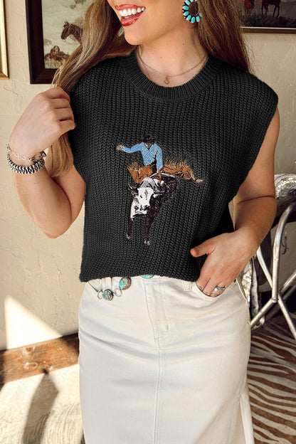 Western Cowboy Embroidered Round Neck Sleeveless Sweater