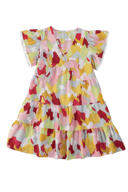 Abstract Flutter Sleeve Tiered Dress