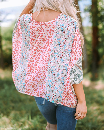 Floral Leopard Colorblock V-Neck Top