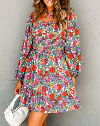 Floral Smocked Square Neck Dress