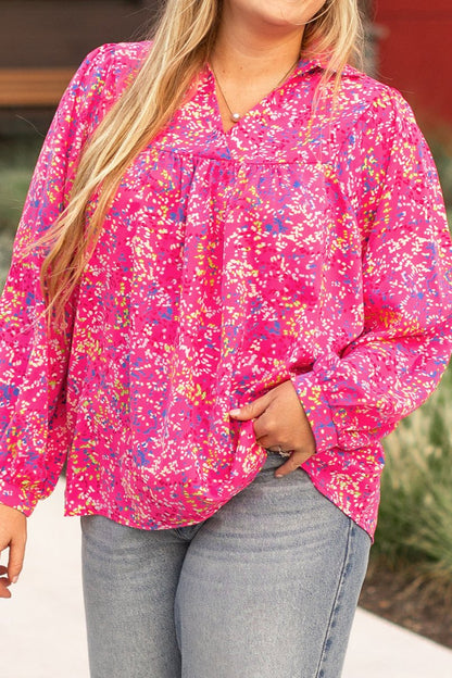 Floral Puff Sleeve V-Neck Blouse Plus Size