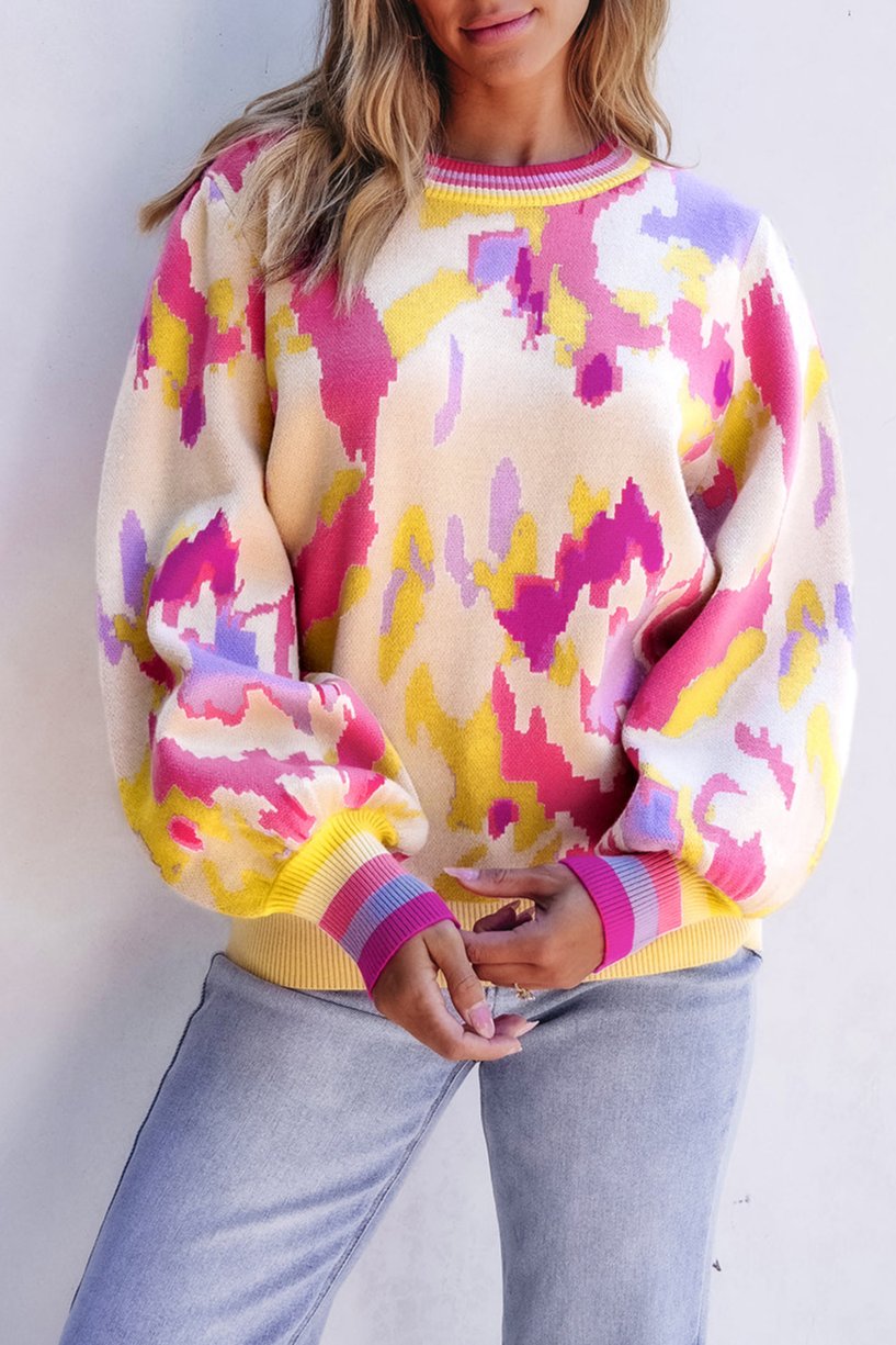 Abstract Colorblock Balloon Sleeve Sweater