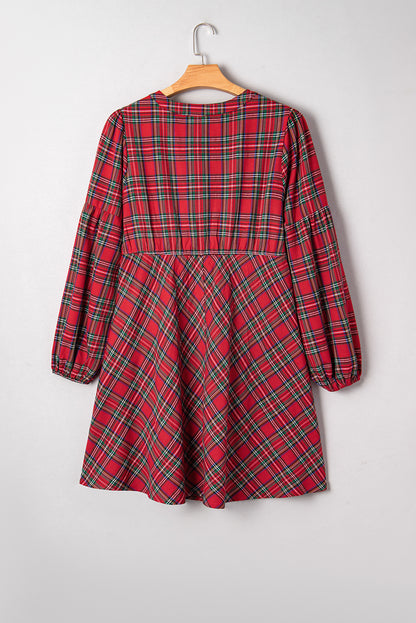 Plus Size Plaid Half Button Long Sleeve Dress