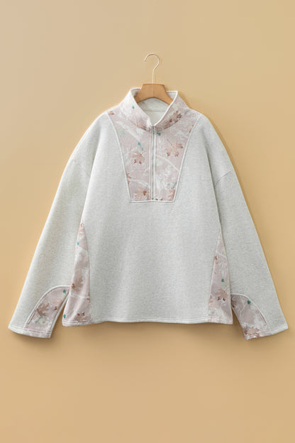 Plus Size Camo Patchwork Zipped Collar Pullover Sweatshirt
