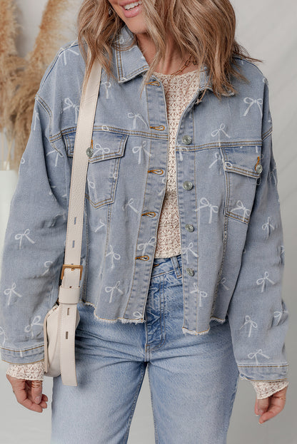 Denim Bow Light Wash Raw Hem Jacket