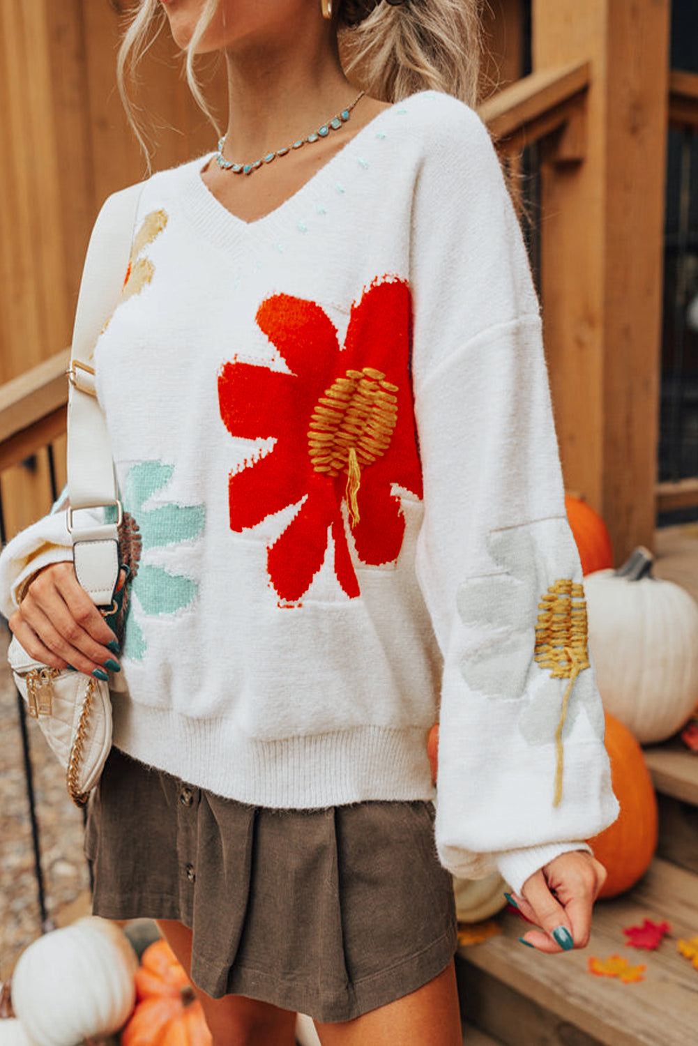 Floral V-Neck Drop Shoulder Sweater