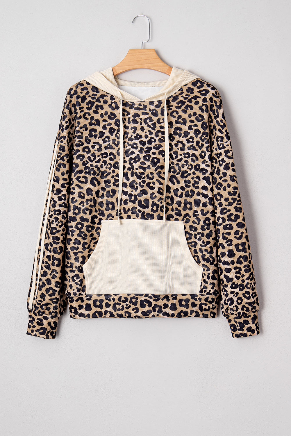 Leopard Waffle Knit Kangaroo Pocket Hooded Sweatshirt