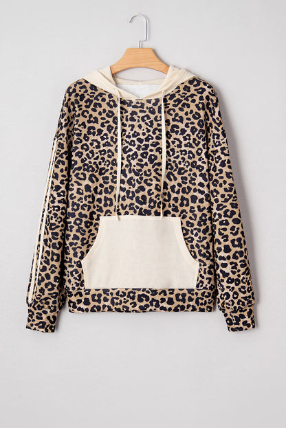 Leopard Waffle Knit Kangaroo Pocket Hooded Sweatshirt