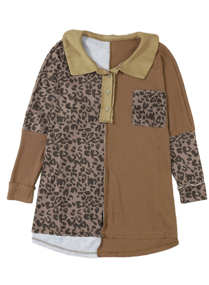 Leopard Colorblock Waffle Buttoned Blouse