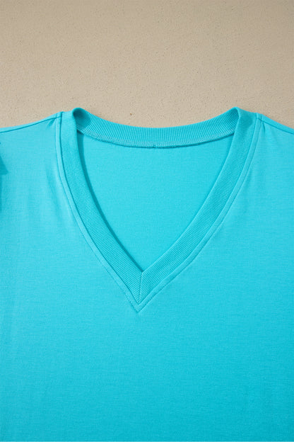 Solid V-Neck Short Puff Sleeve Blouse