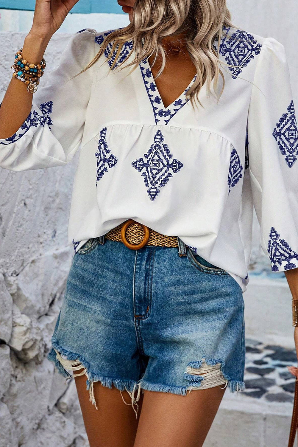 Boho Geometric 3/4 Sleeve V-Neck Blouse