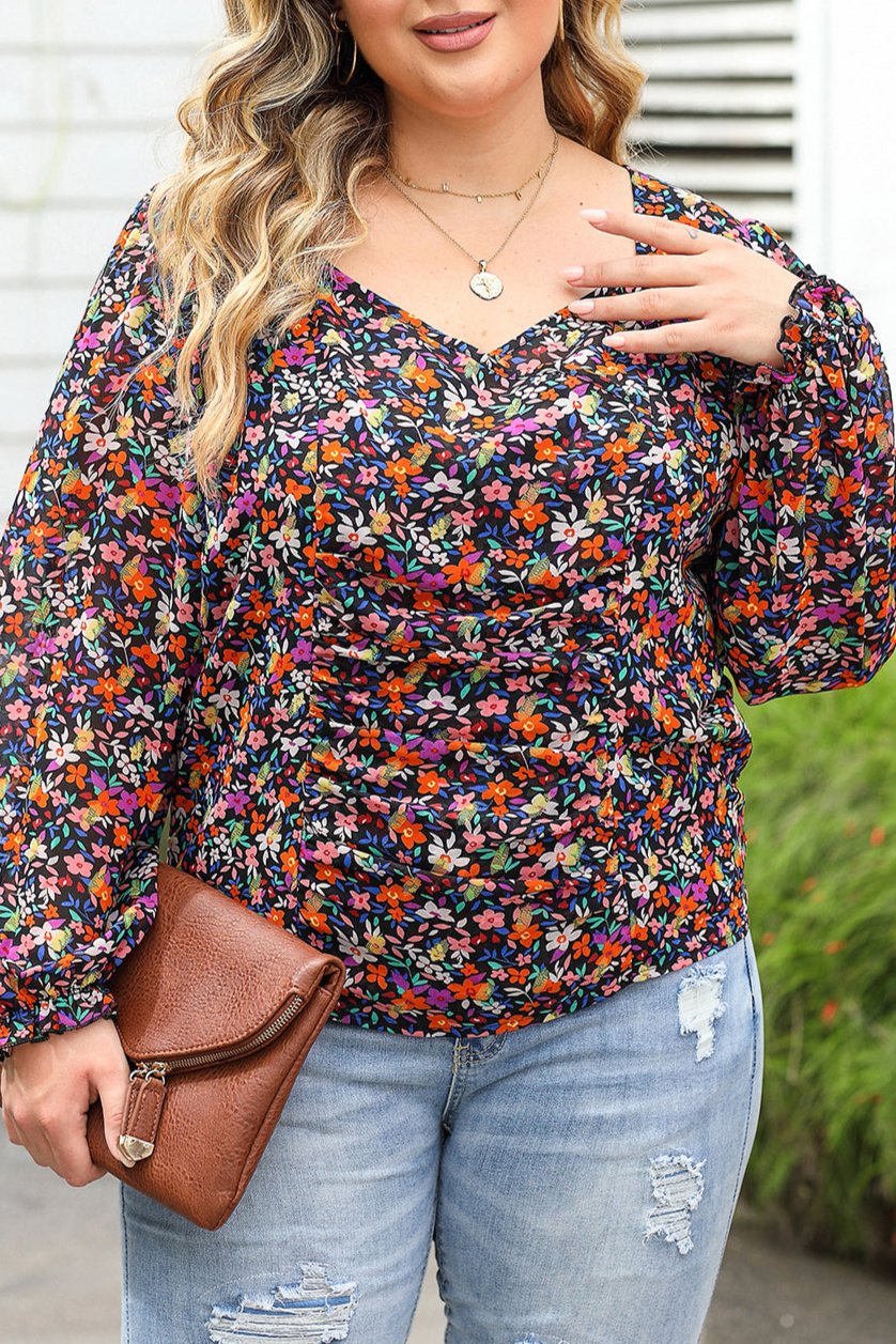 Plus Size Floral Bubble Sleeve Blouse