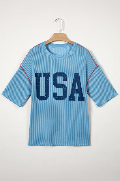 USA Corded Knit Short Sleeve Graphic Top
