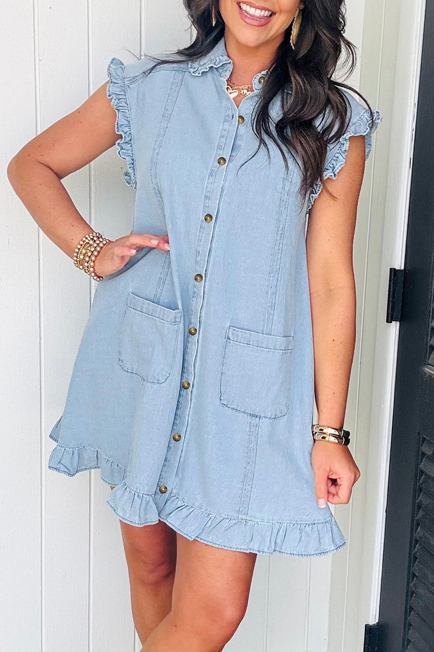 Denim Ruffle Edge Collared Dress w/ Pockets