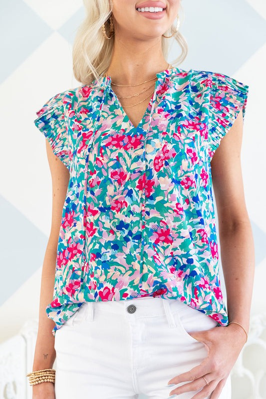 Artsy Floral Pleated Sleeve Top