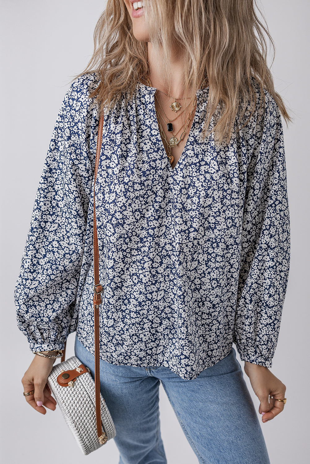 Floral Puff Sleeve V-Neck Blouse