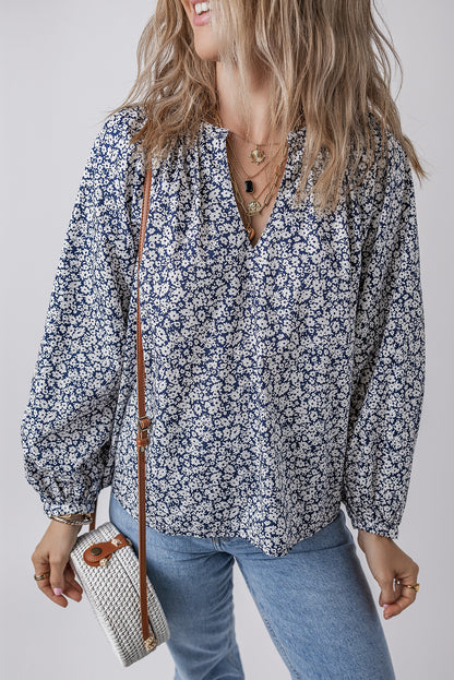 Floral Puff Sleeve V-Neck Blouse