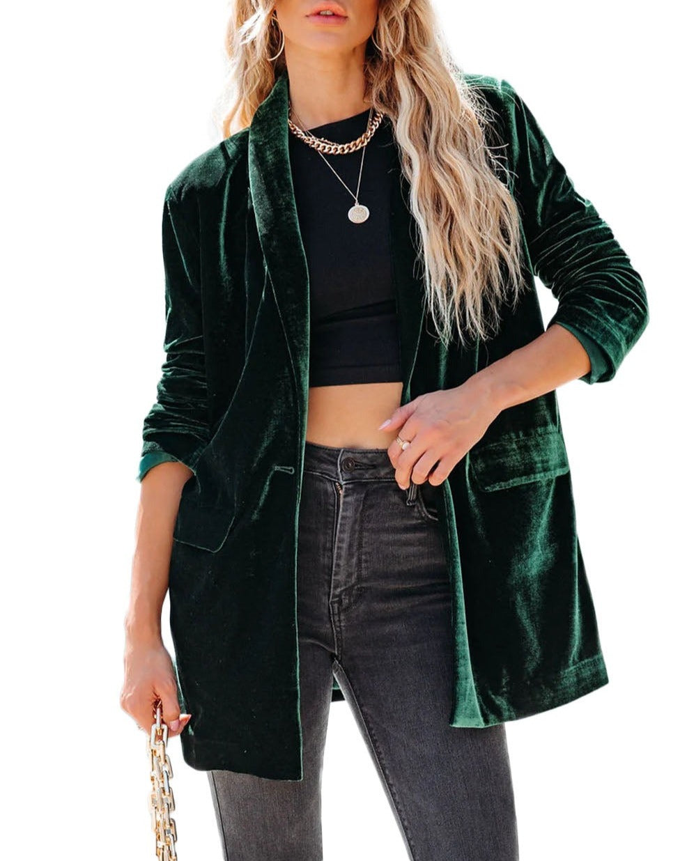 Velvet Collar Pocketed Blazer