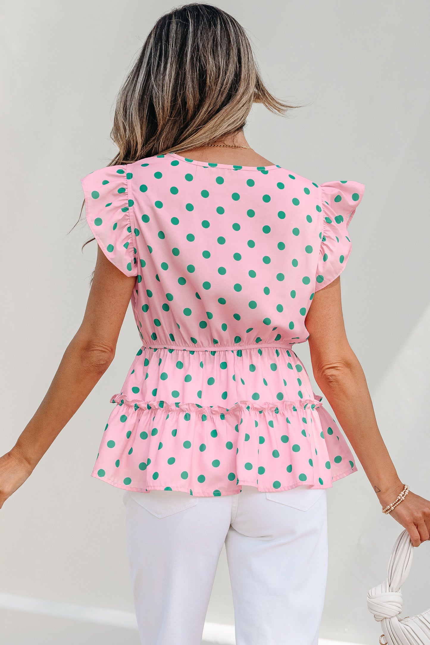 Polka Dot V-Neck Ruffle Tiered Babydoll Blouse