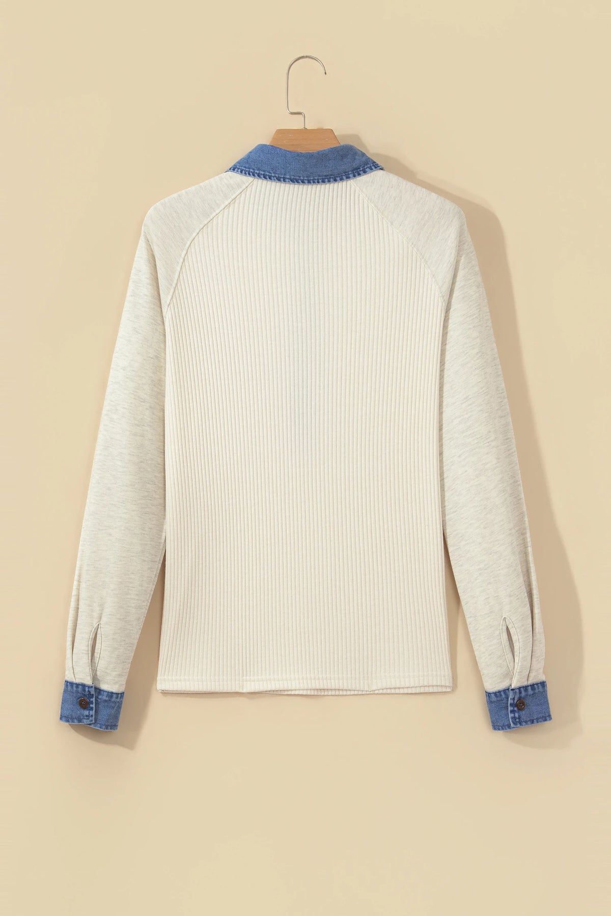 Denim Patchwork Collared Ribbed Knit Long Sleeve Top