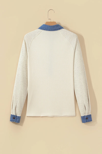 Denim Patchwork Collared Ribbed Knit Long Sleeve Top