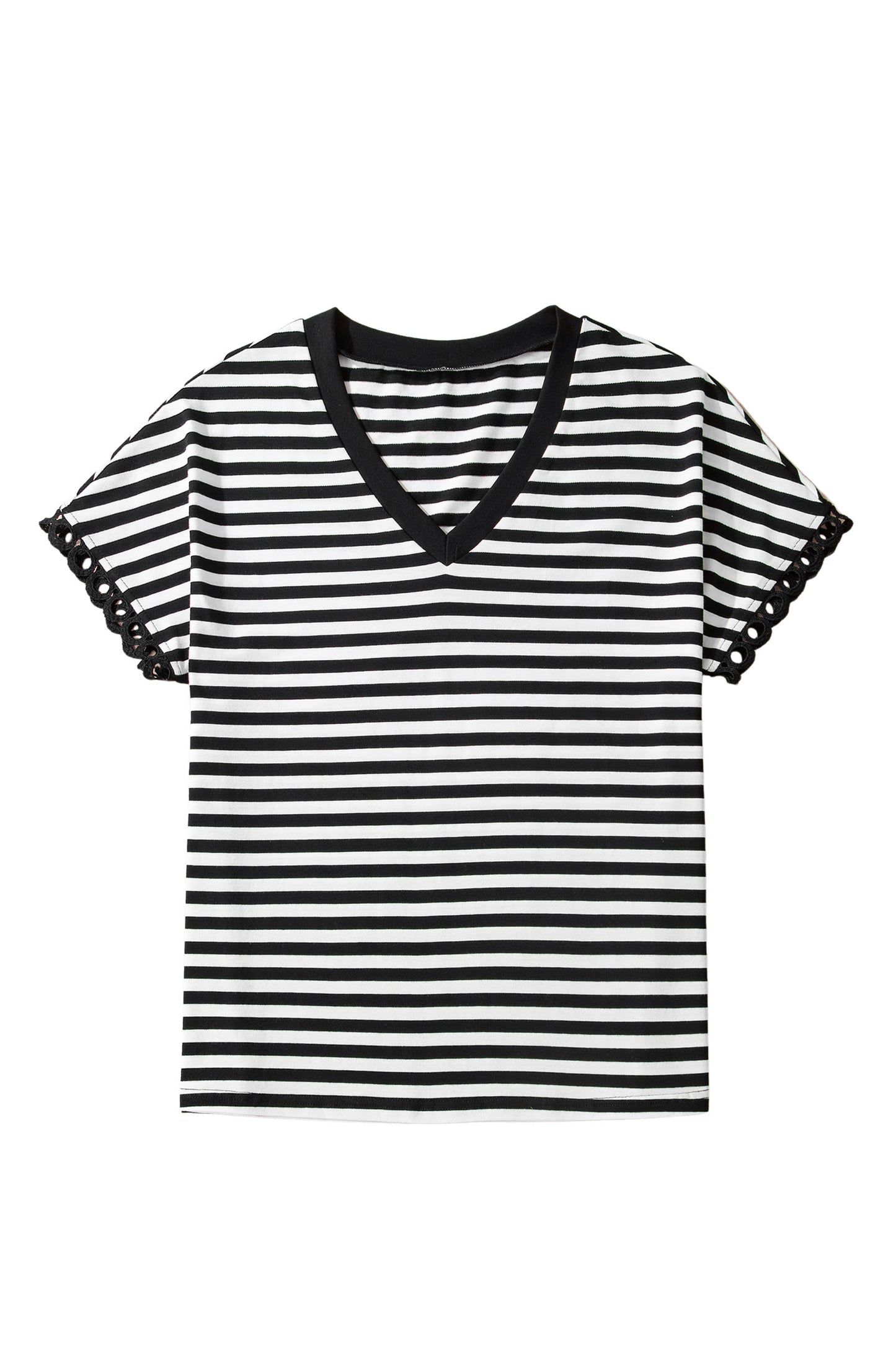 Stripe V-Neck Lace Trim Short Sleeve Tee