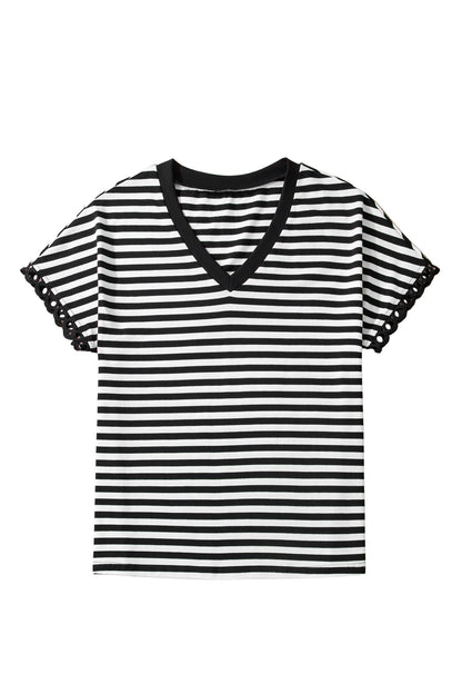 Stripe V-Neck Lace Trim Short Sleeve Tee