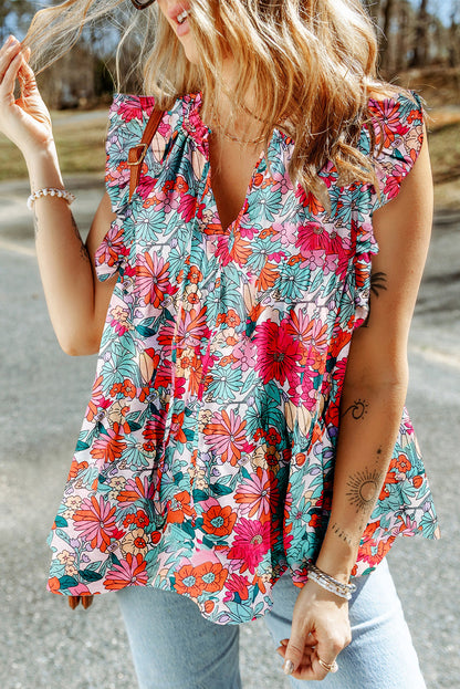 Floral Spaghetti Tie Ruffle Tank Top