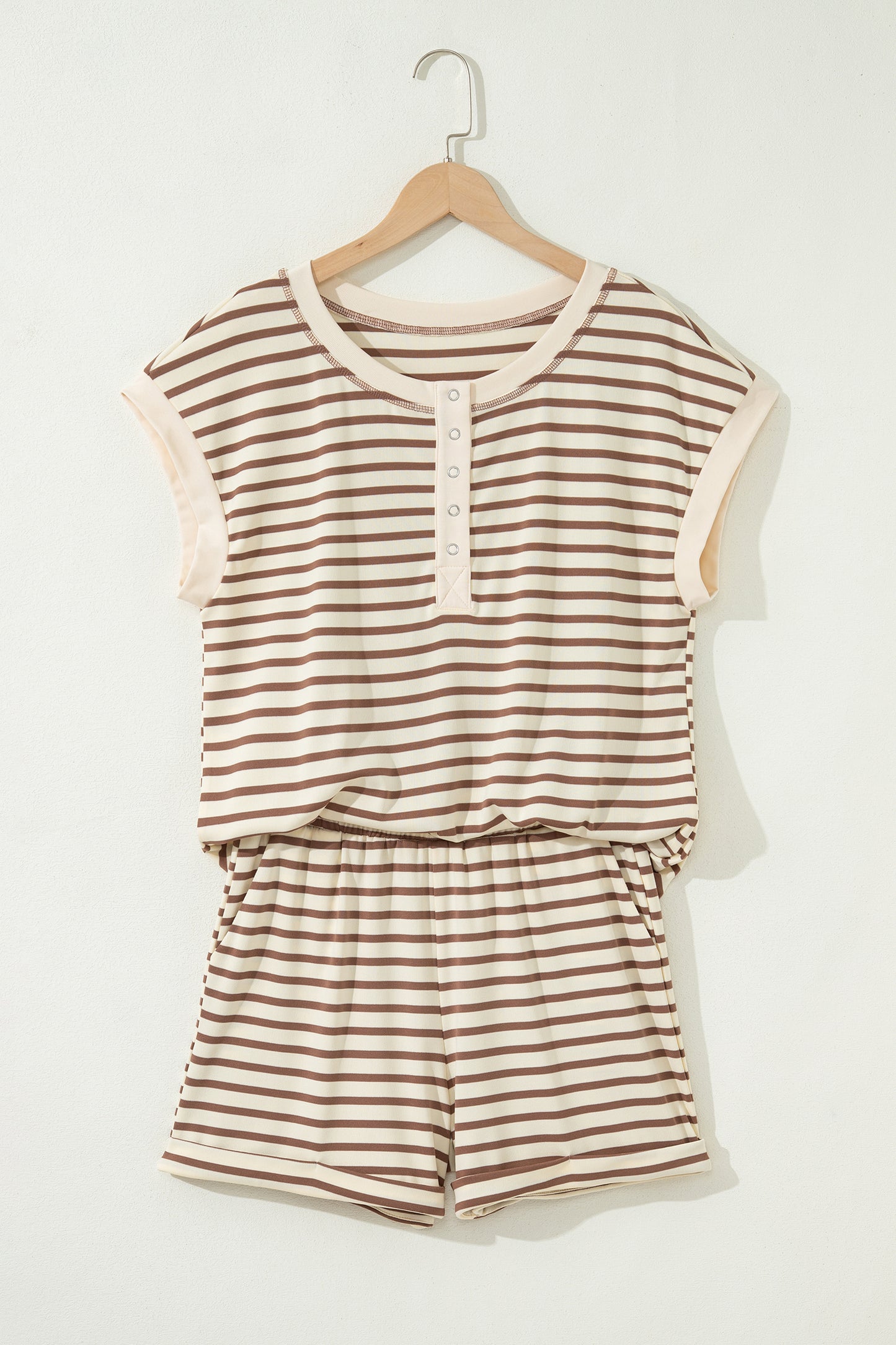 Stripe Cap Sleeve Henley Top & Shorts Set